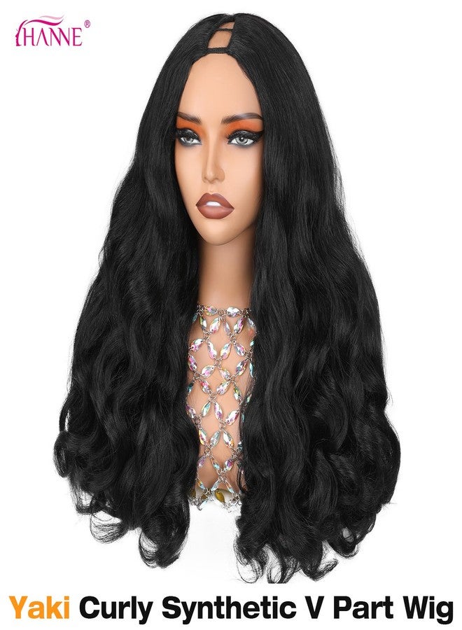 HANNE Yaki Curly V Part Wig U Part Synthetic Half Wigs for Black Women 22 Inch Heat-Resistant Hair Replacement Wig (Natural Black) - Image 2